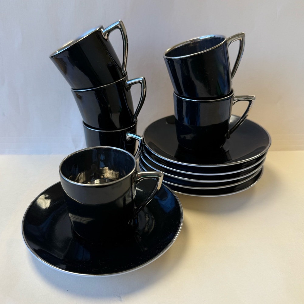 Vintage Pirken Hammer Czechoslovakia Black and Silver Demitasse Cups & Saucers